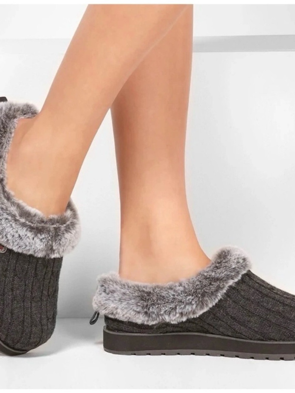 Skechers Charcoal Gray Faux-Fur Lined Slip-On Slippers